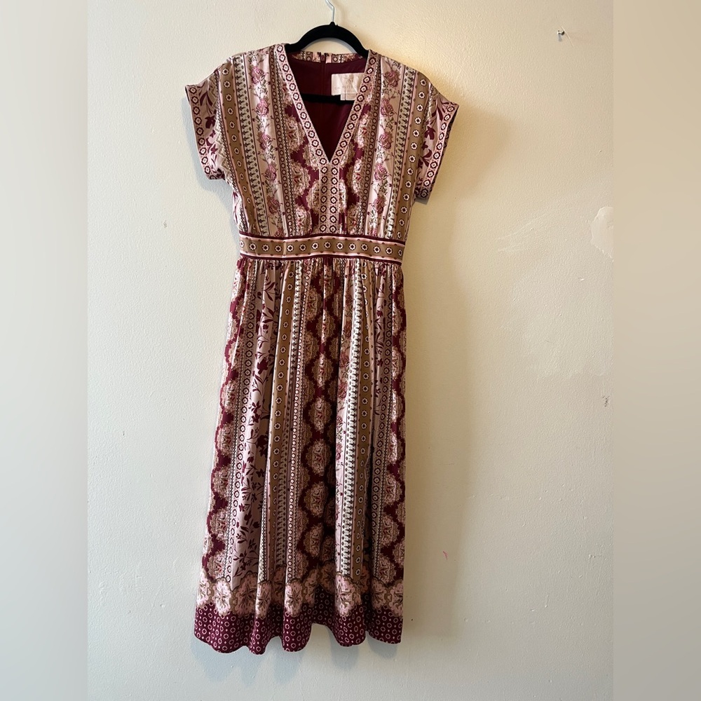 GAL MEETS GLAM COLLECTION Liza Print Charmeuse Midi Dress In Wine Prini Size 2 - Picture 2 of 11